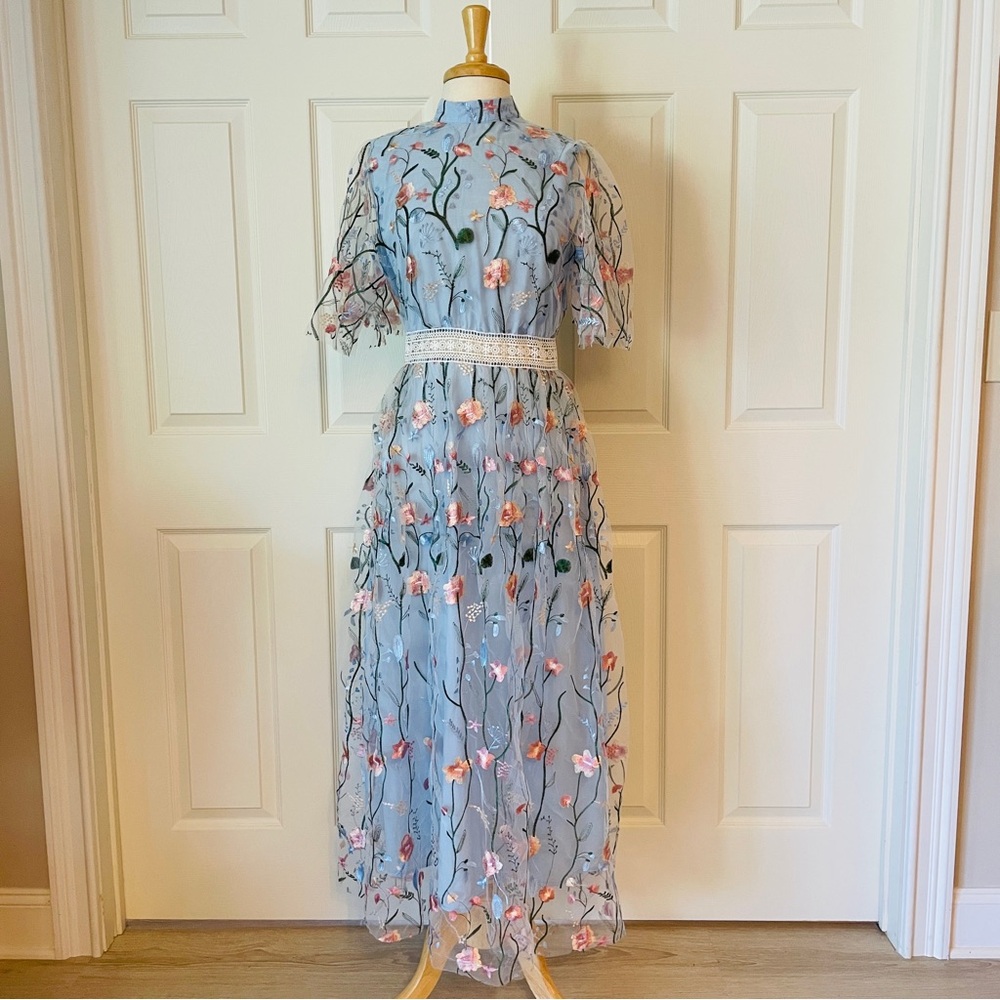 NWT SHEIN Blue Floral Embroidered Maxi Dress